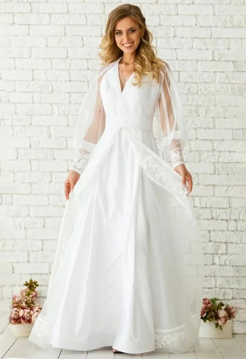 V Neck Puff Sleeve Tulle Chiffon A Line Floor Length Wedding Dress As Picture