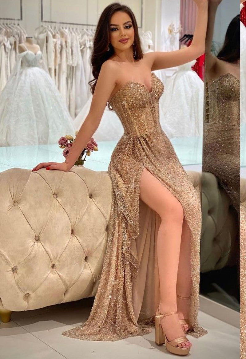 Sweetheart Neck Sleeveless Sequin Slit A Line Court Train Prom Dress As Picture