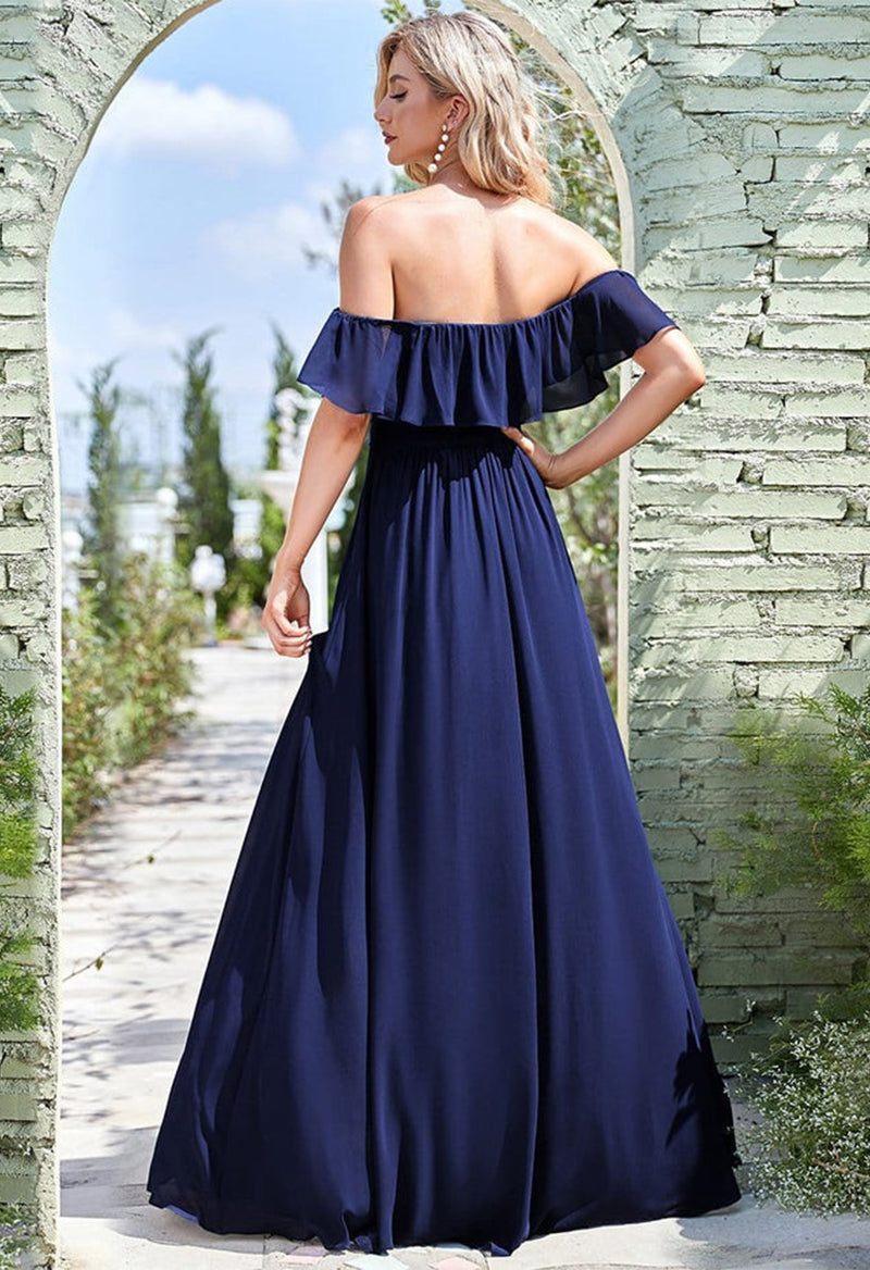 Short Sleeve Chiffon Ruffled Slit Bridesmaid Dress