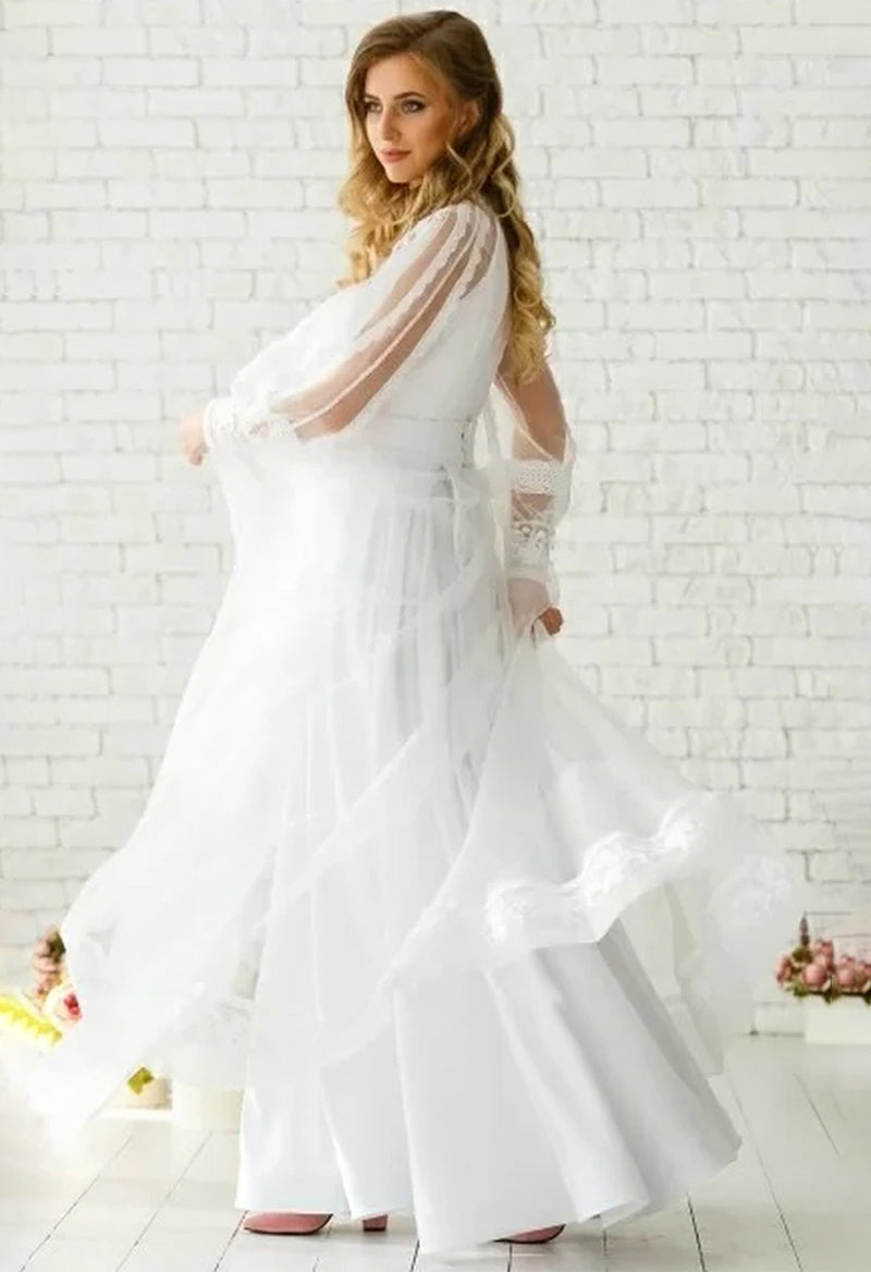 V Neck Puff Sleeve Tulle Chiffon A Line Floor Length Wedding Dress