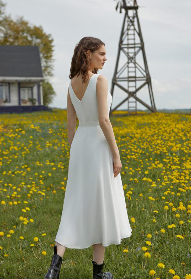 V Neck Chiffon Belt Slit Tea Length A Line Vintage Wedding Dress