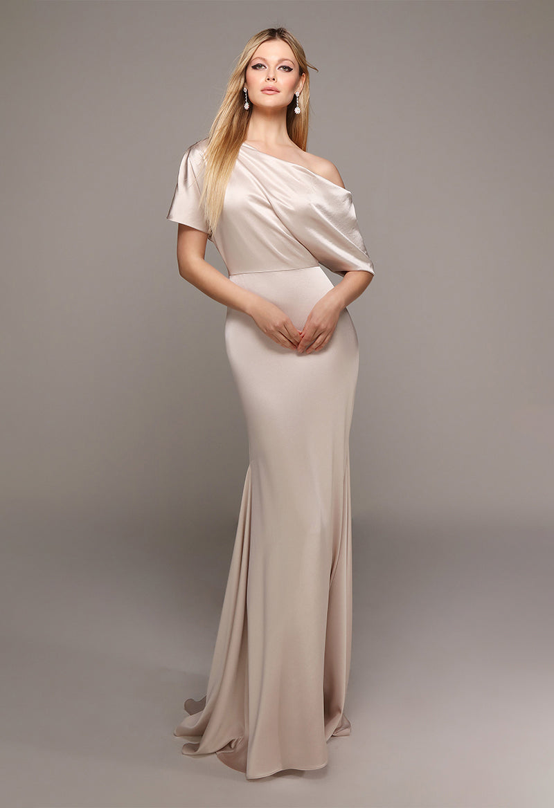 Simple One Shoulder Satin Sheath Short Sleeve Mother Of The Bride Dress