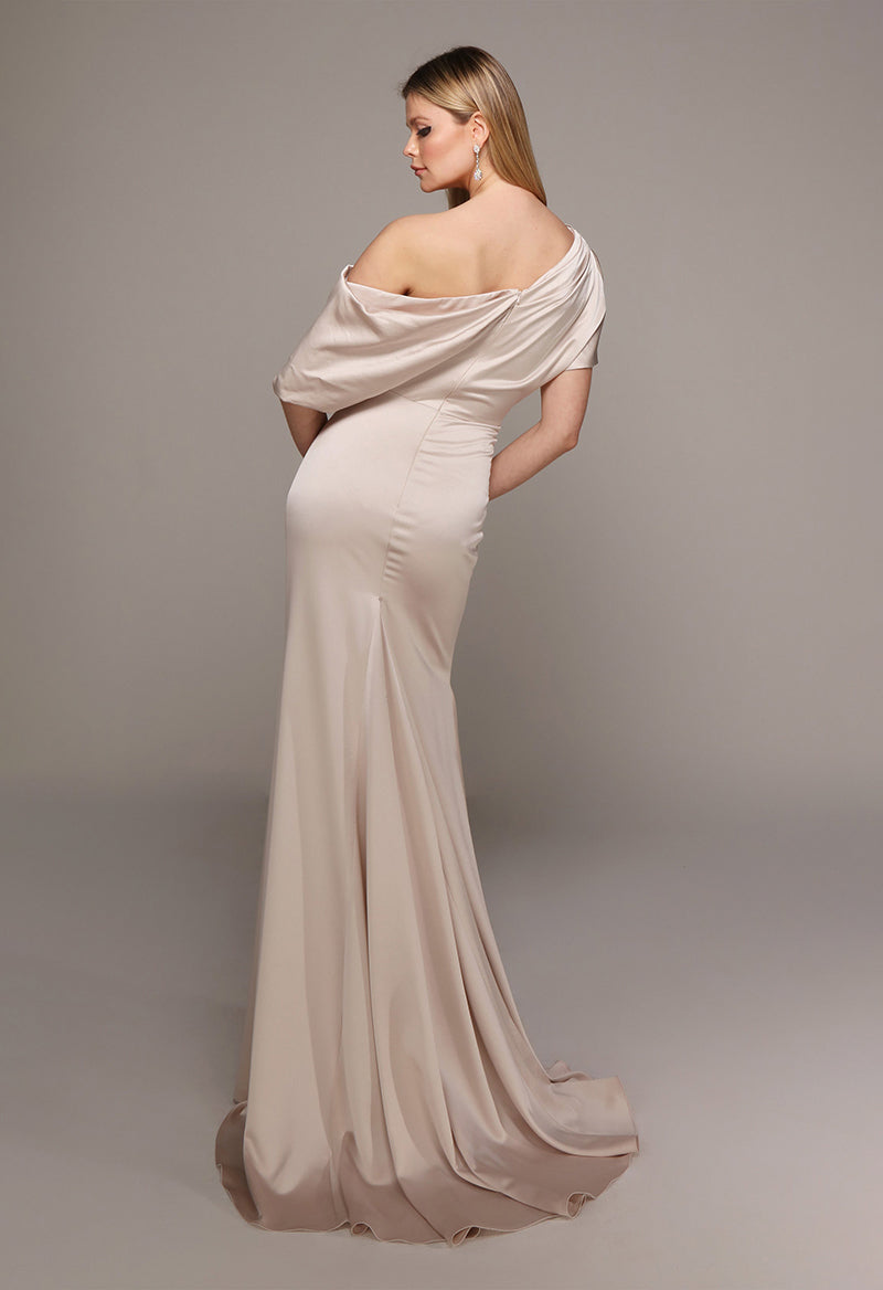 Simple One Shoulder Satin Sheath Short Sleeve Mother Of The Bride Dress