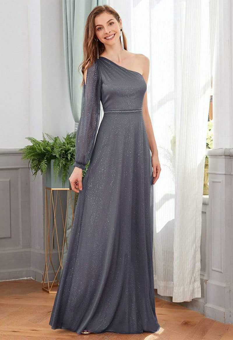 One Shoulder Long Sleeved Sparkly Lace A Line Floor Length Bridesmaid Dress