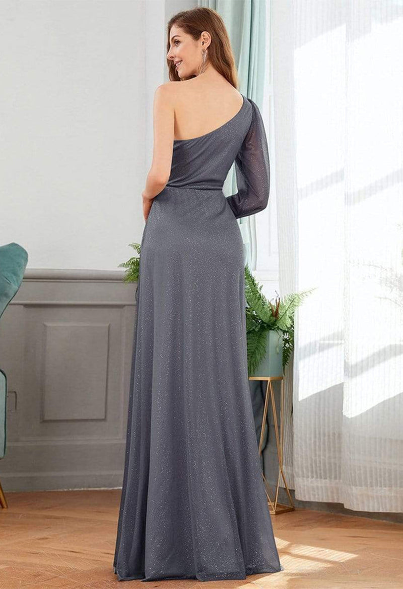 One Shoulder Long Sleeved Sparkly Lace A Line Floor Length Bridesmaid Dress