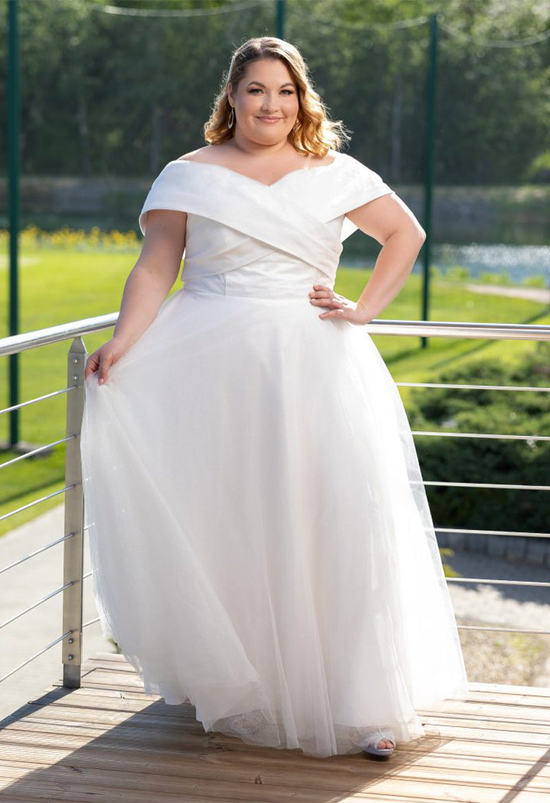 Plus Size Simple A Line V-Neck Satin Lace-Up Short Sleeve Wedding Dress As Picture