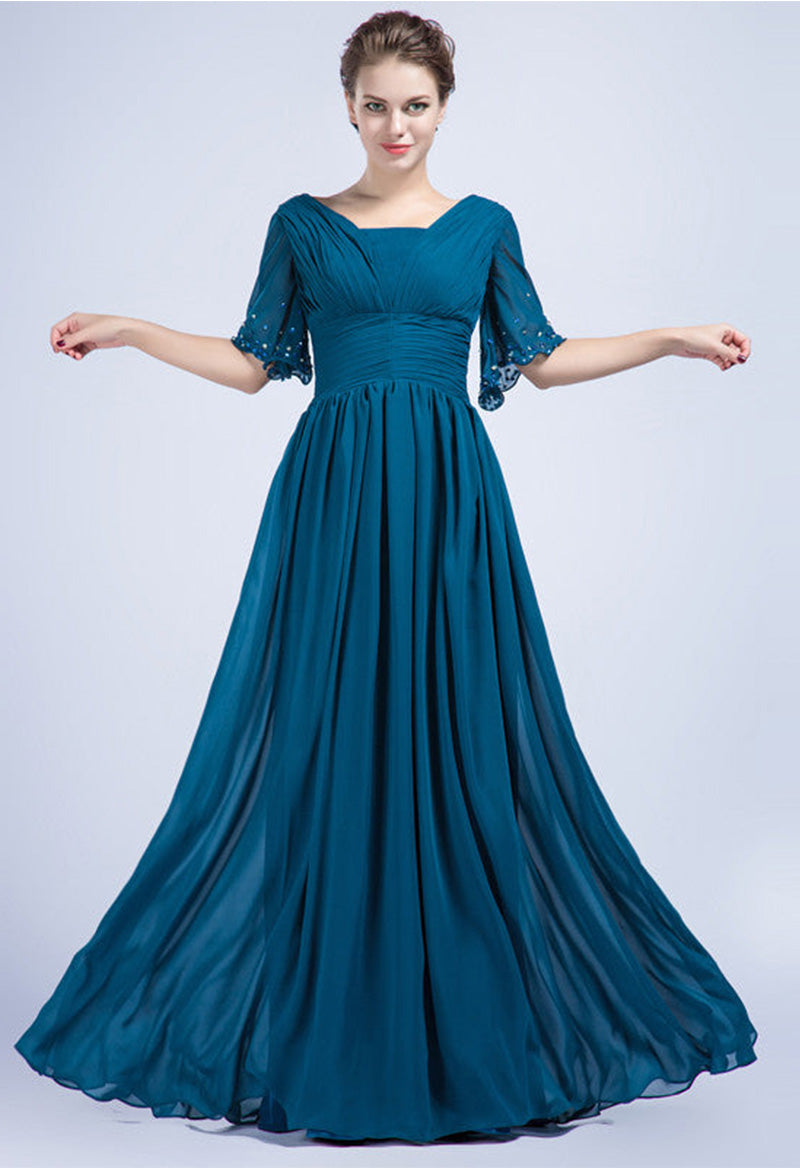 A Line Chiffon Pleated Half Sleeve Boat Neck Floor Length Mother Of The Bride Dress As Picture