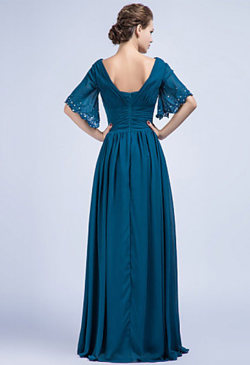 A Line Chiffon Pleated Half Sleeve Boat Neck Floor Length Mother Of The Bride Dress