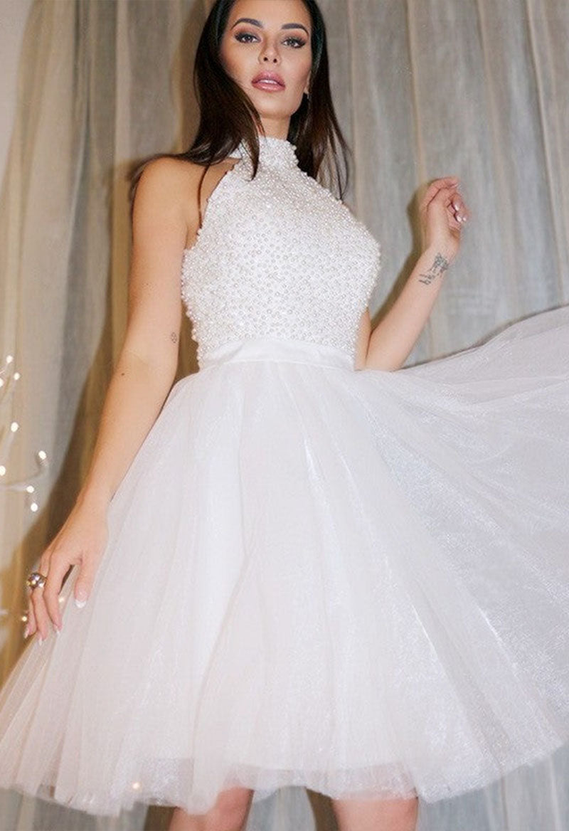 Halter Neck Tulle Sleeveless Beaded A Line Short Homecoming Dress