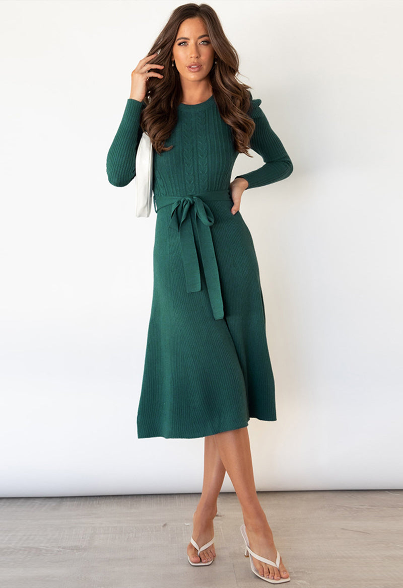 A Line Tie Long Sleeve Scoop Neck Tea Length Knit Dress