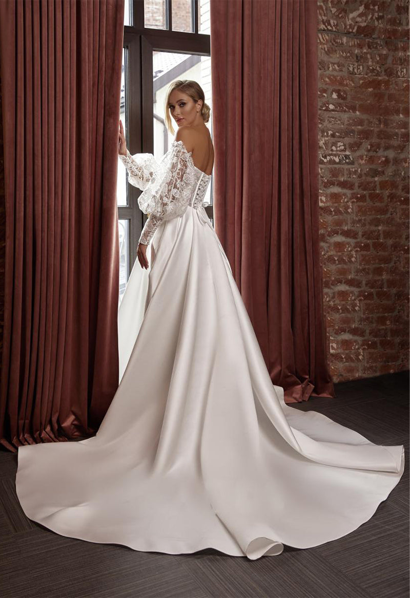 Sweetheart Neck Puff Sleeves Chapel Train Satin A Line Wedding Dress