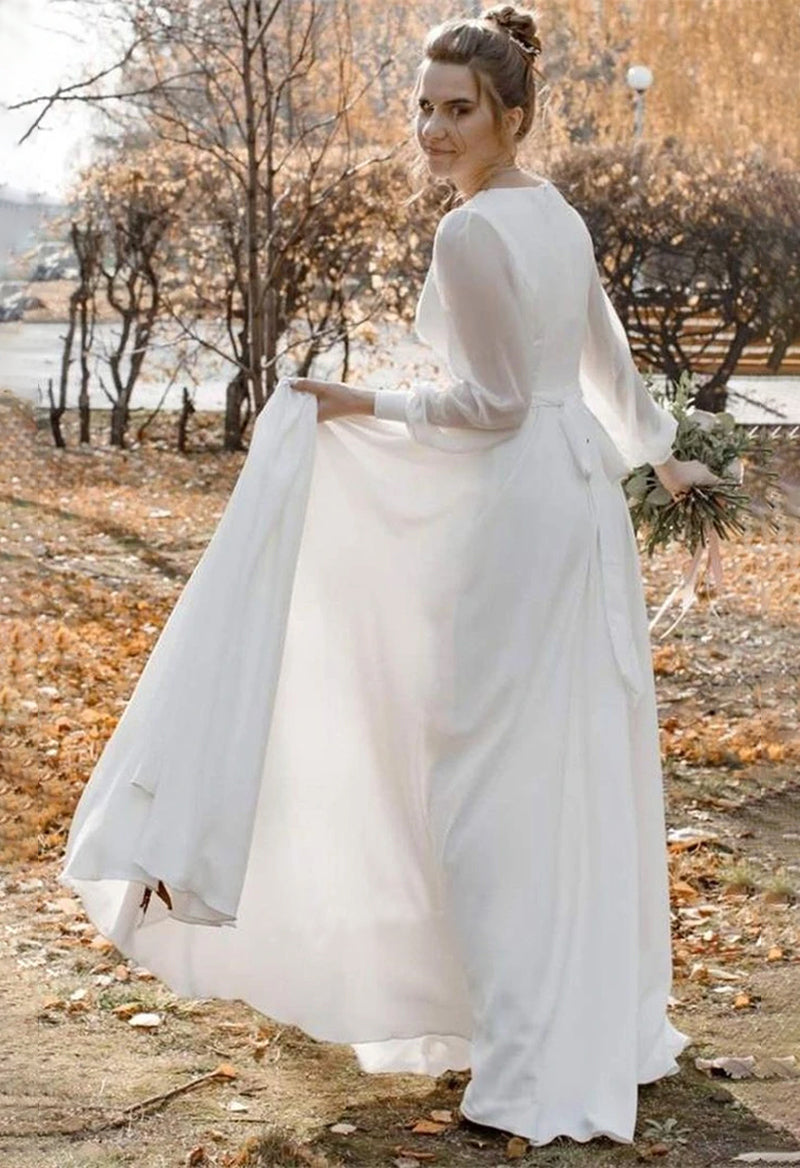 V-Neck Lantern Sleeves Slit Chiffon A Line Wedding Dress