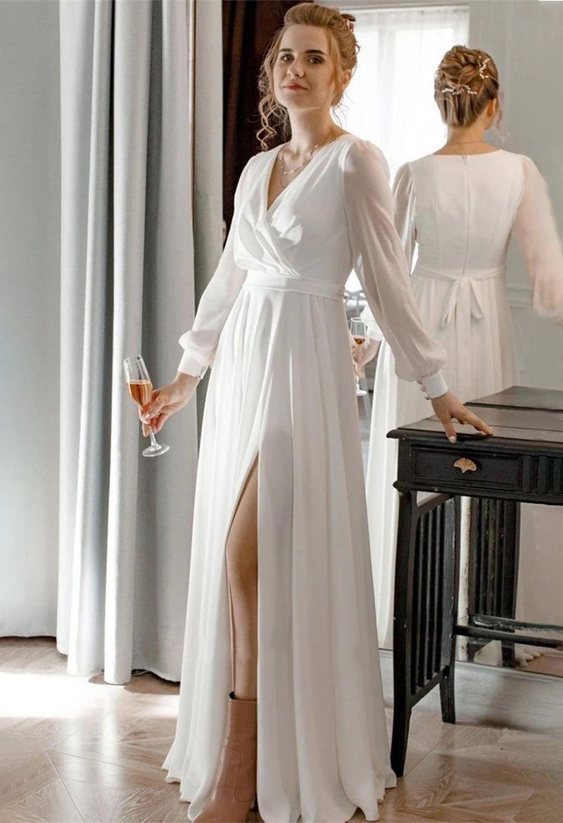 V-Neck Lantern Sleeves Slit Chiffon A Line Wedding Dress