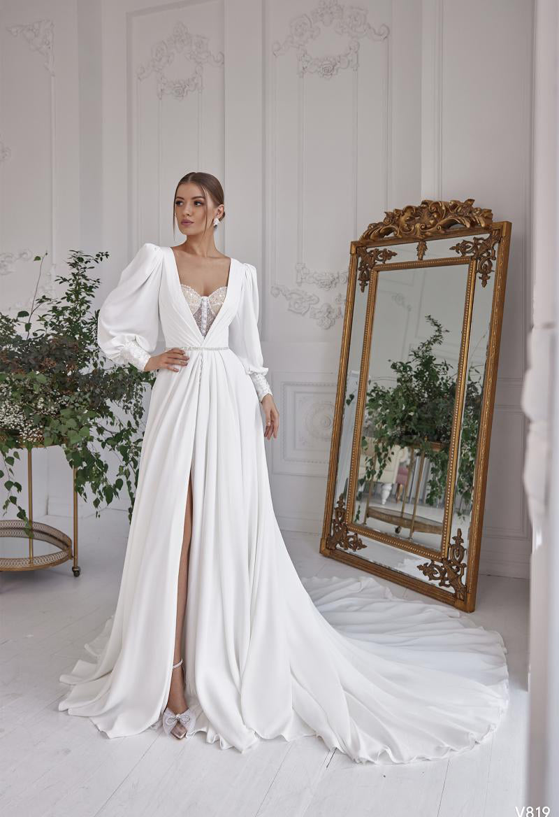 Jewel Neck Puff Sleeve Chiffon Slit Button Beaded Chapel Train Wedding Dress As Picture