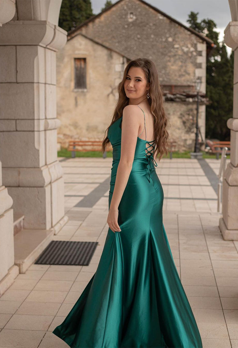 Satin Sleeveless Pleated Spaghetti Straps A Line Floor Length Prom Dress