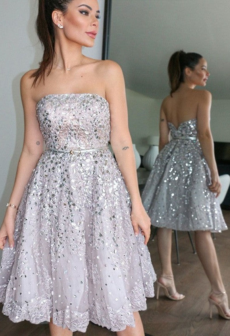 Straight Neck Sequined Sleeveless Lace Knee Length Short Homecoming Dress