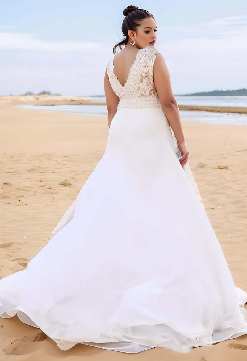 V-Neck Sleeveless Chiffon A Line Court Train Plus Size Wedding Dress