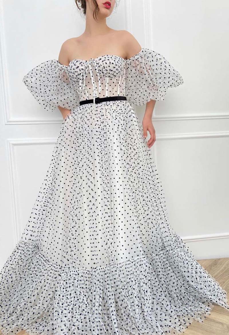 Sweetheart Neckline Polka Dot Bell Sleeves Sweep Train Orom Dress As Picture