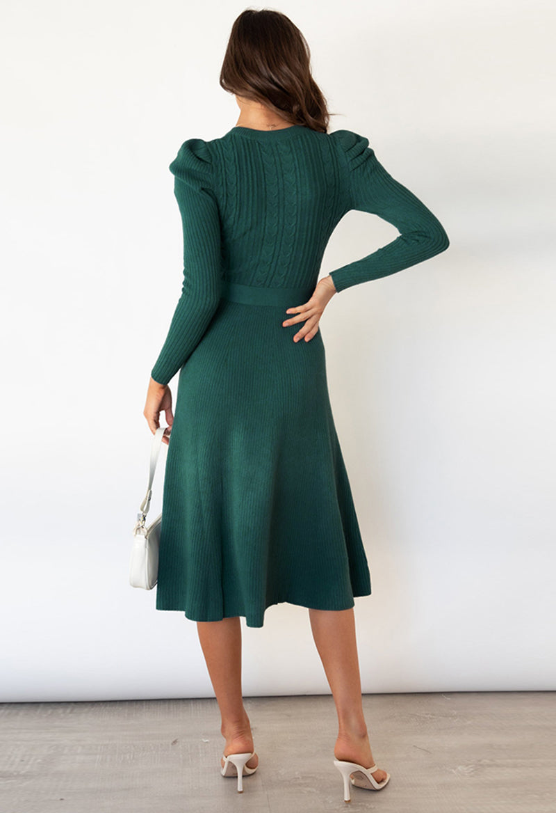 A Line Tie Long Sleeve Scoop Neck Tea Length Knit Dress