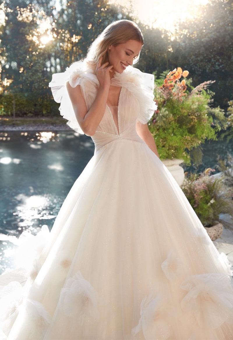 v neck ruffle wedding dress