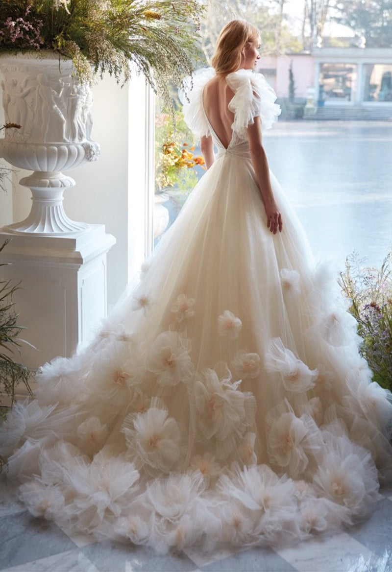 v neck ruffle wedding dress