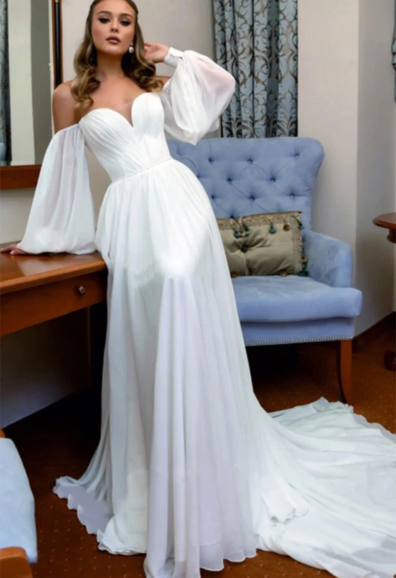 Off The Shoulder Puff Sleeve Chiffon A Line Chapel Train Wedding Dress As Picture