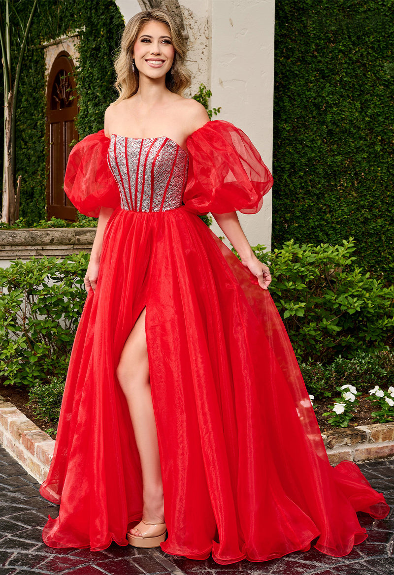 Puff Sleeve Sequin Tulle Slit Off The Shoulder Floor Length Prom Dress Red