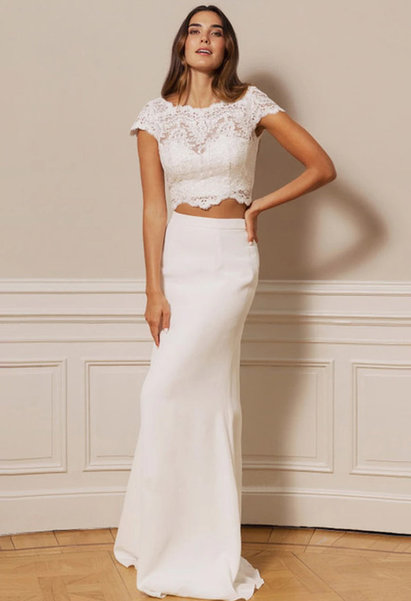 Jewel Neck Cap Sleeve A Line Sweep Train Wedding Two-Piece Set