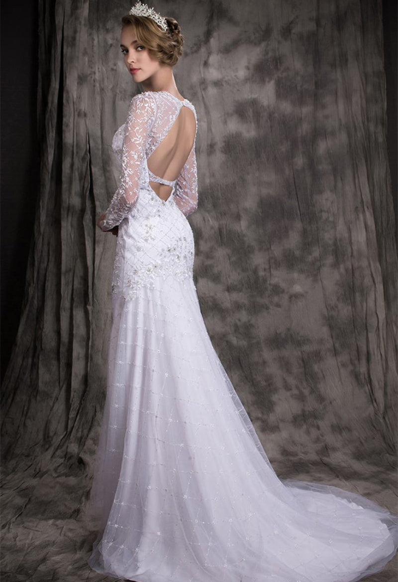 Scoop Neck Beaded Sequin Long Sleeve Key Hole Court Train Wedding Dress