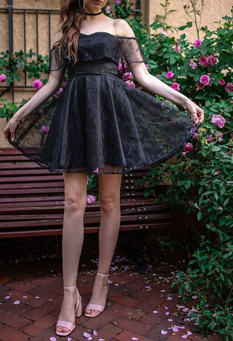 Black Lace Prom Dresses Short A Line