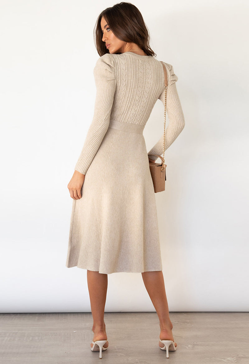 A Line Tie Long Sleeve Scoop Neck Tea Length Knit Dress