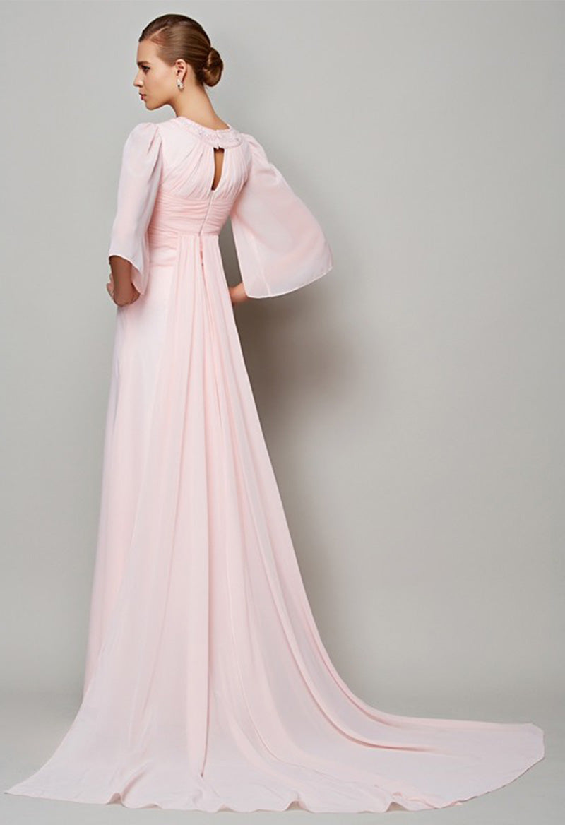 High Neck Chiffon Key Hole Bell Sleeve Beaded Court Train Evening Dress