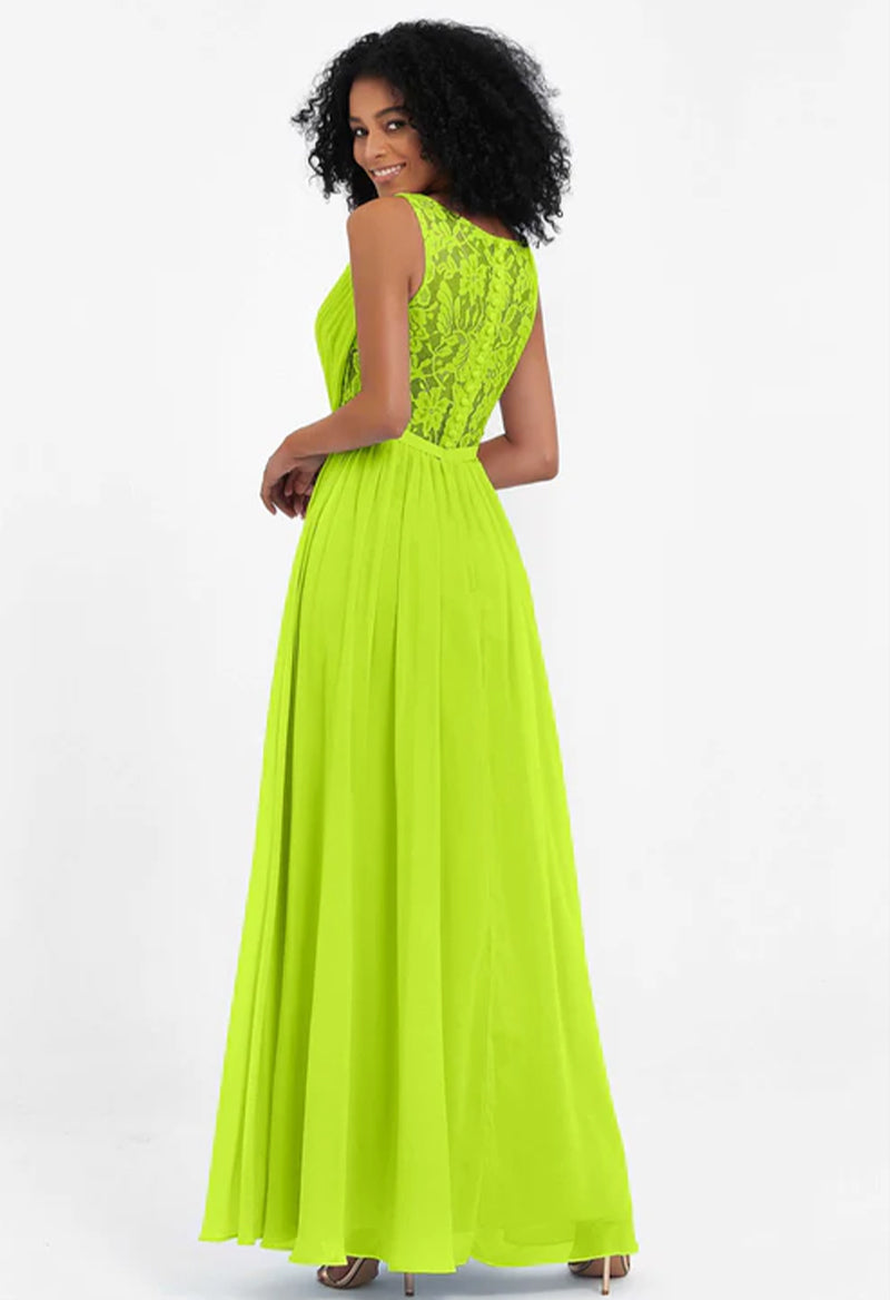 Lime Green V Neck Sleeveless Pleated Chiffon Floor Length Bridesmaid Dress