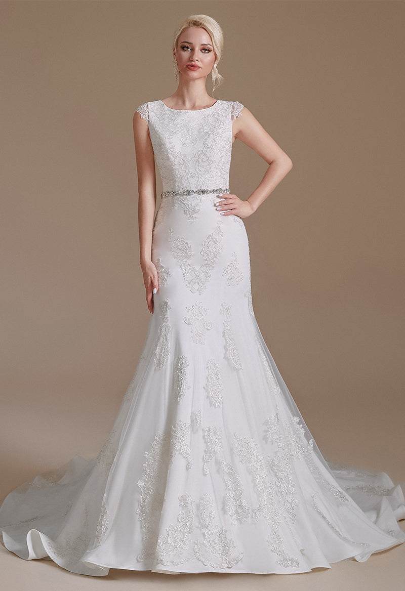 Cap Sleeve Scoop Neck A Line Court Train Wedding Dress