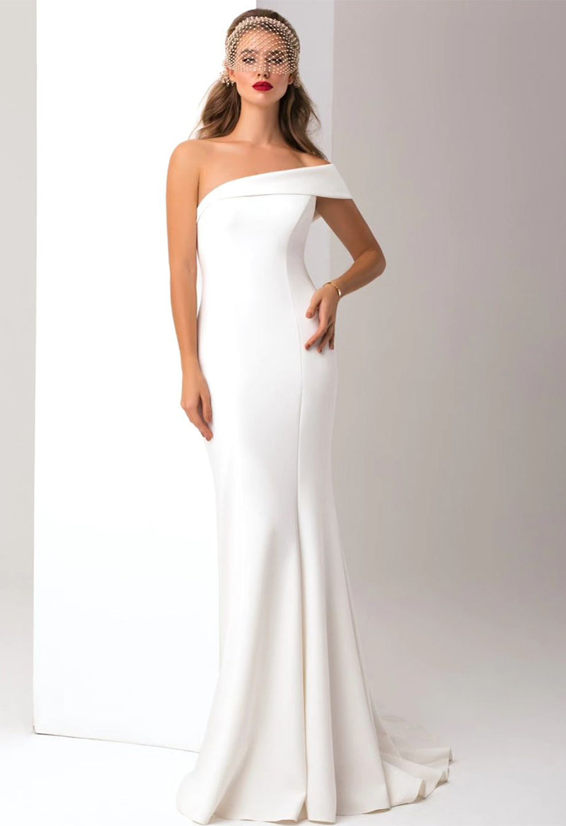 Simple One Shoulder Sheath Satin Wedding Dress With Ruffle Overskirt