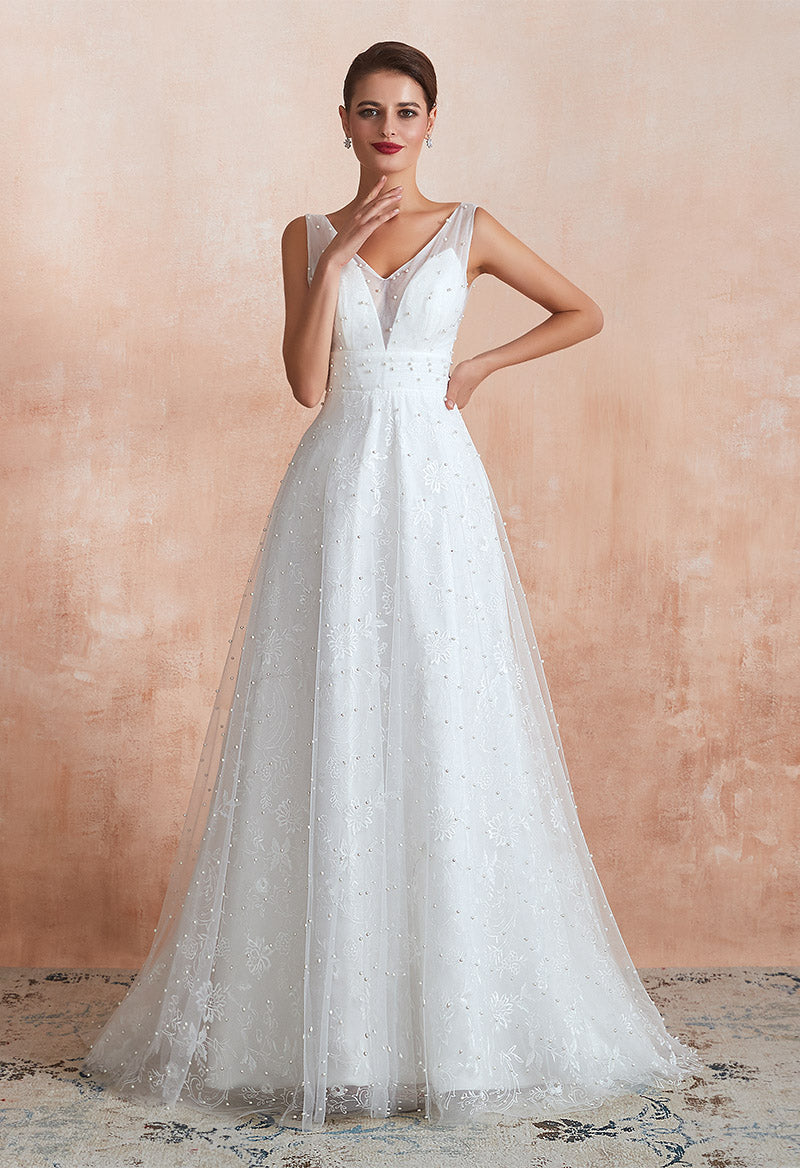 V Neck Sleeveless A Line Tulle Satin Beaded Sweep Train Wedding Dress As Picture