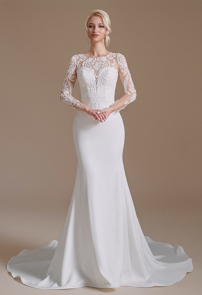 Long Sleeve Jewel Neck Crep Chapel Train Wedding Dress