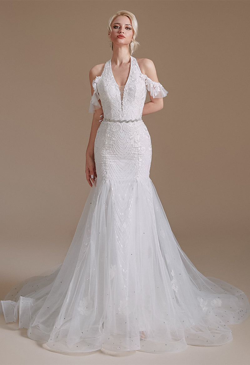 Halter Neck Sleeveless Mermaid Court Train Wedding Dress As Picture