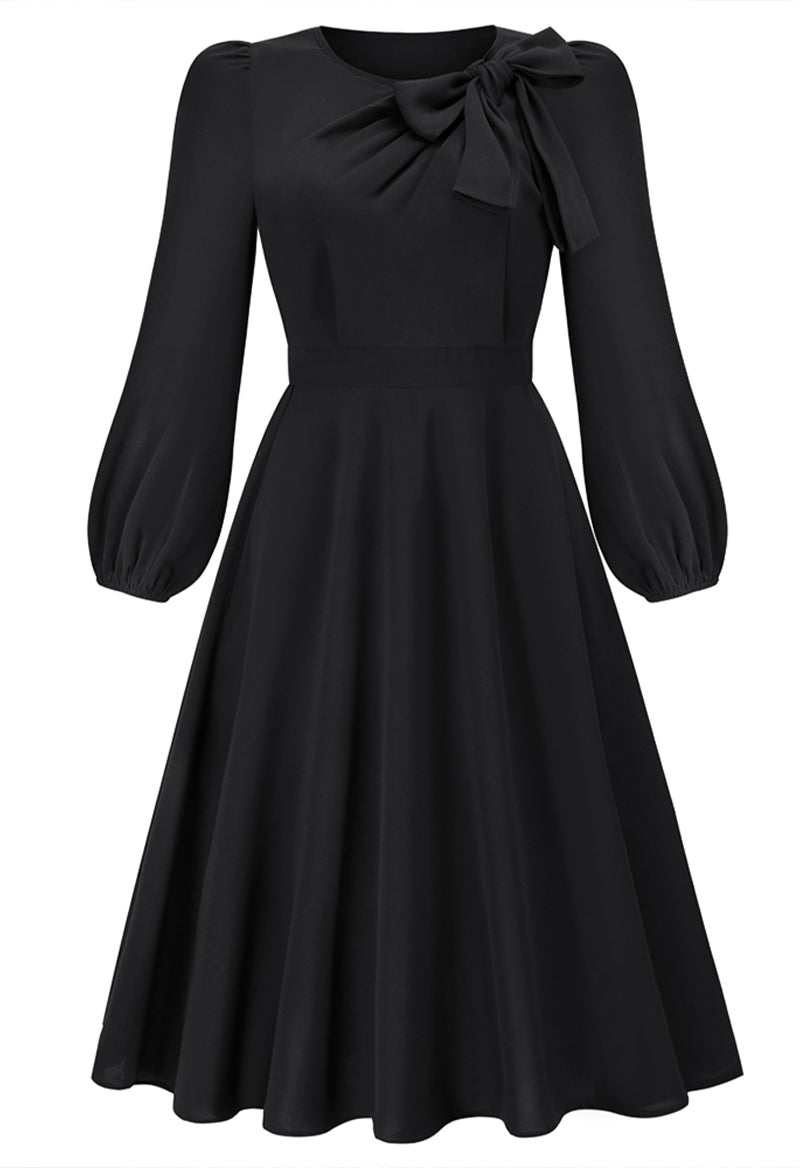 Scoop Neck Bow Long Sleeve A Line Tea Length Dress Black