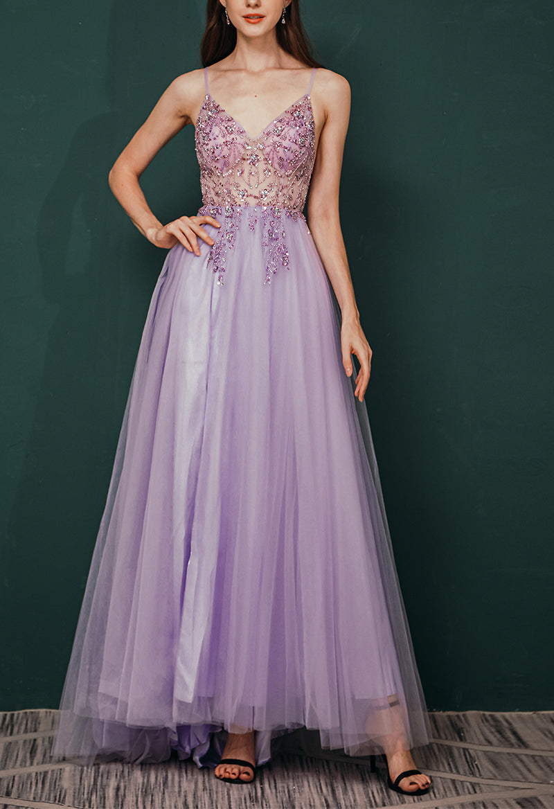 V Neck Sleeveless Tulle Sequin Beading A Line Floor Length Prom Dress Purple