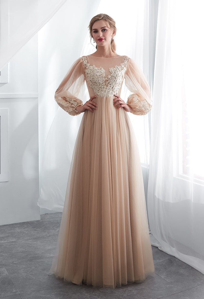 Scoop Neck Appliquéd Lantern Sleeve Floor Length Evening Dress