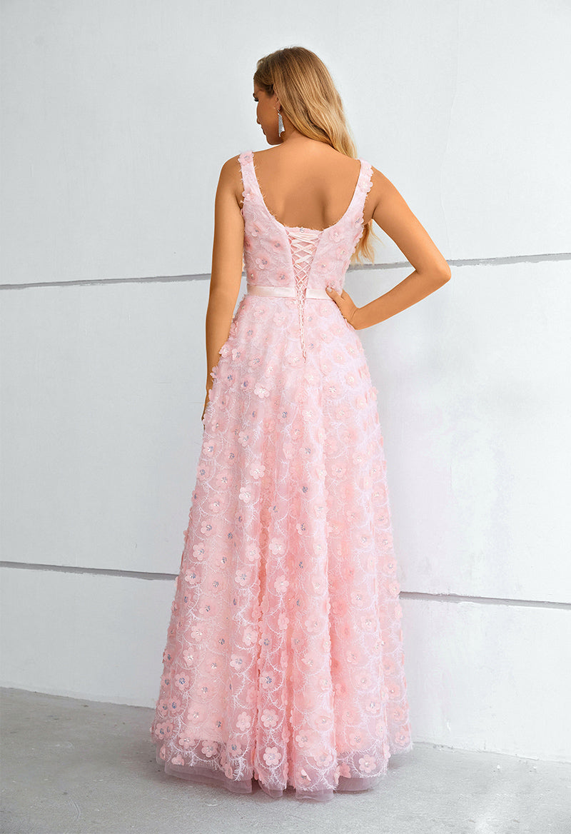 Square Neck Sleeveless A Line Floral Floor Length Evening Dress