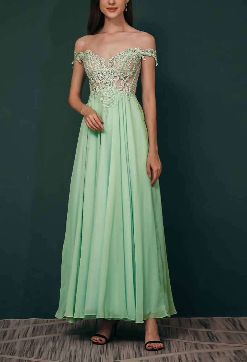 Simple Chiffon Off The Shoulder A Line Floor Length Prom Dress Green