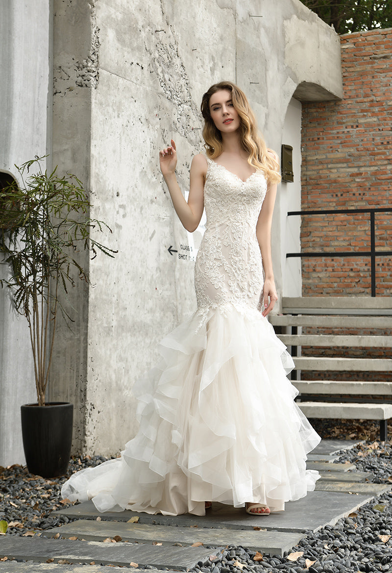 V Neck Sleeveless Mermaid Organza Sweep Train Wedding Dress Ivory