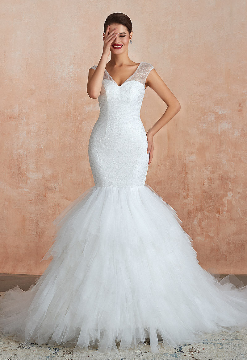 Sparkly Tulle Mermaid V Neck Sleeveless Chapel Train Wedding Dress As Picture