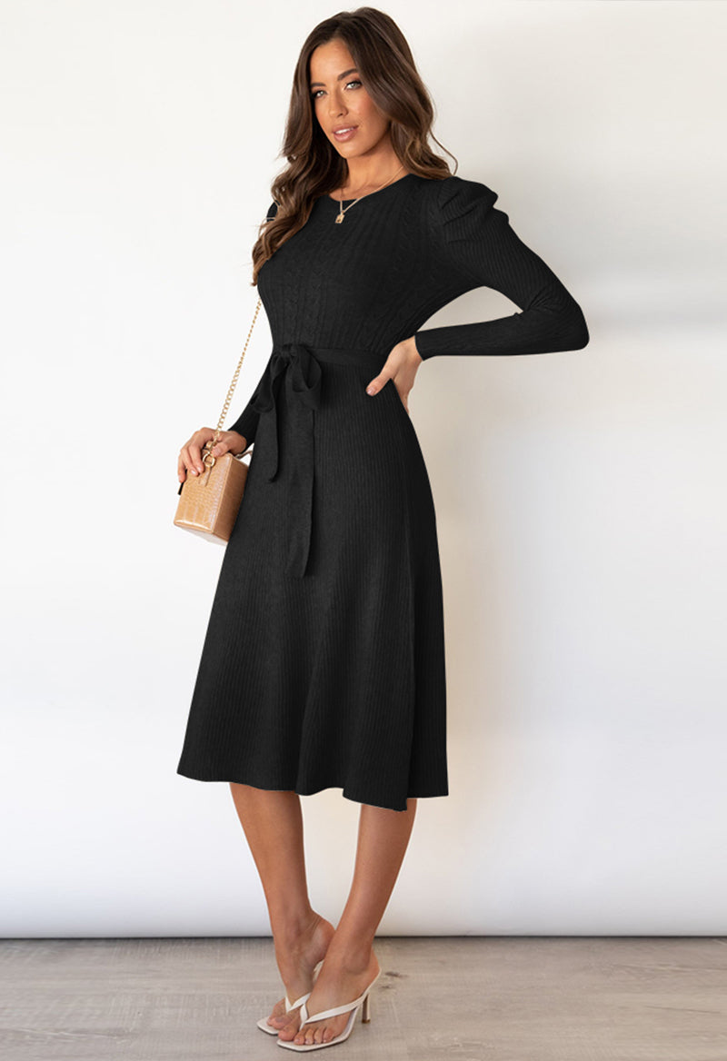 A Line Tie Long Sleeve Scoop Neck Tea Length Knit Dress Black