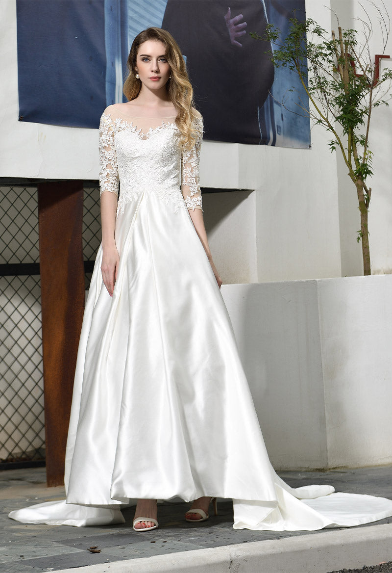 Scoop Neck Half Sleeve Court Train A Line Wedding Dress As Picture