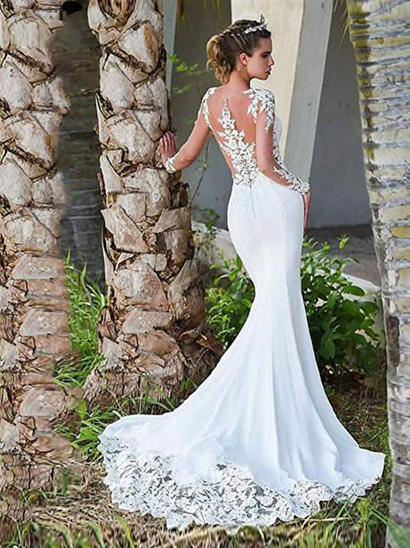 Illusion Neckline Sheath Sheer Lace Wedding Dress