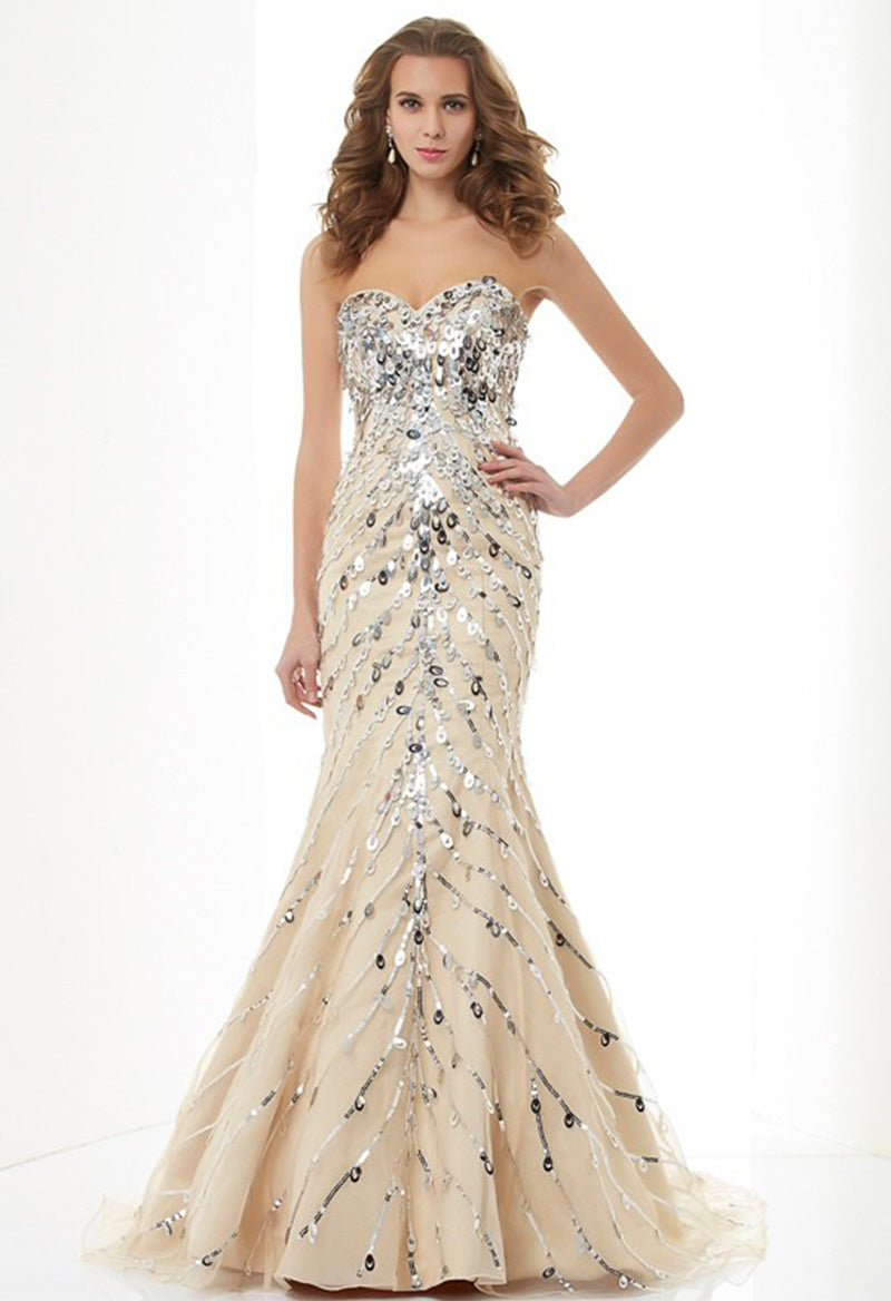 Sweetheart Neck Court Train Sequined Sleeveless Mermaid Tulle Evening Dress As Picture