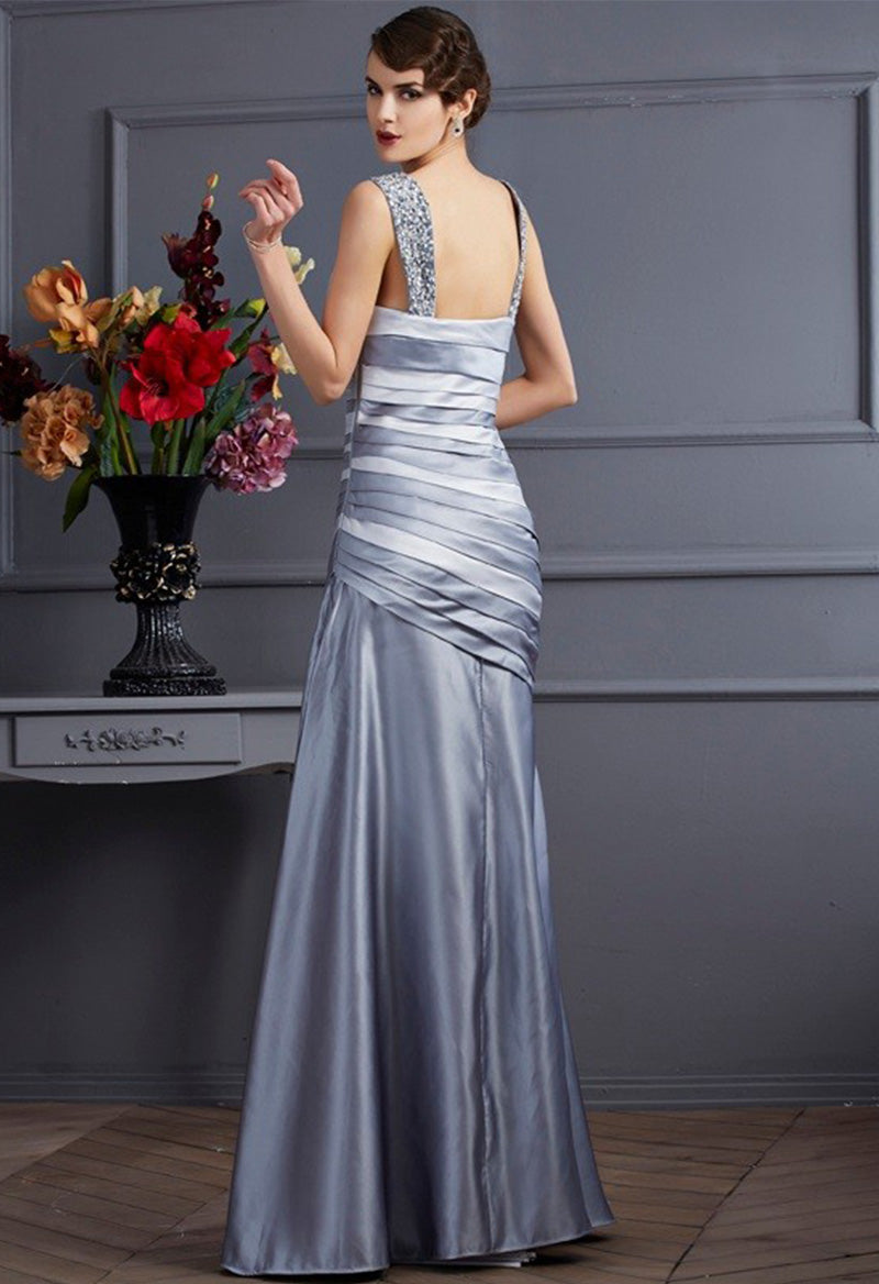 V Neck Satin Bandage Beaded A Line Floor Length Evening Dress